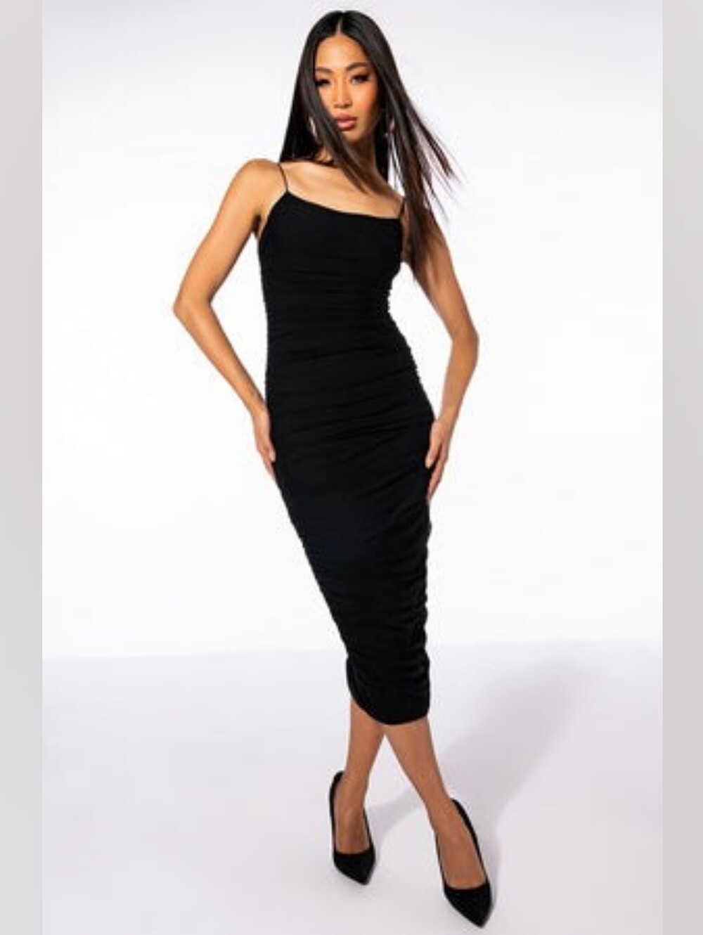 AKIRA Black Ruched Midi Slip Dress with Thin Straps SZ M Excellent Condition